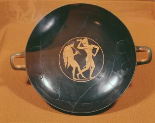 Kylix mit Darstellung eines Flötenspielers und eines Tänzers, ca. 520-10 (Keramik)